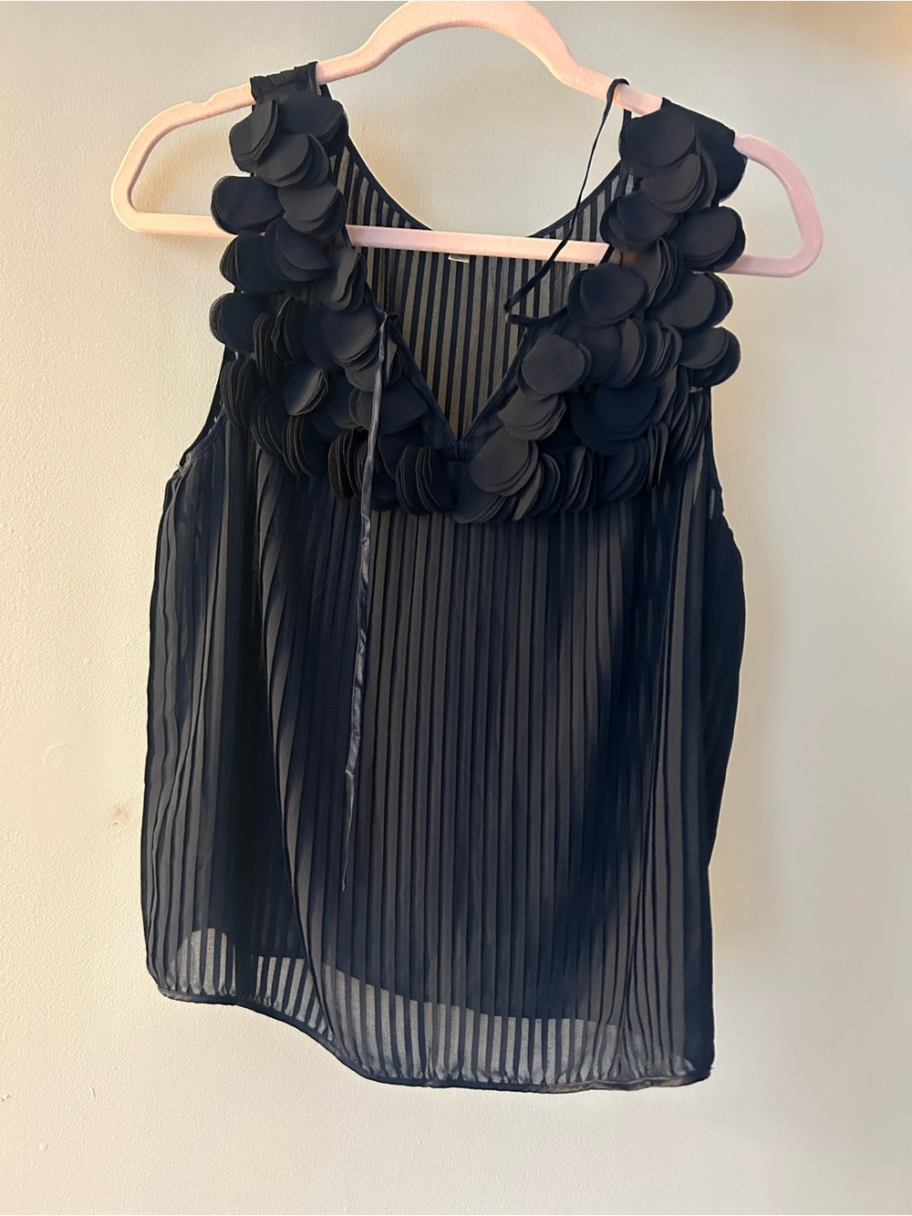 Navy Blue Leifnotes Sleeveless Pleated Tank with Petal Trim